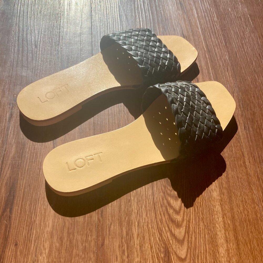 Ann Taylor Loft Black Woven Leather Slides Sandals Size 7.5